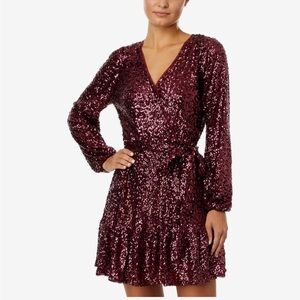 Betsy & Adam short sequins dress with belt tie